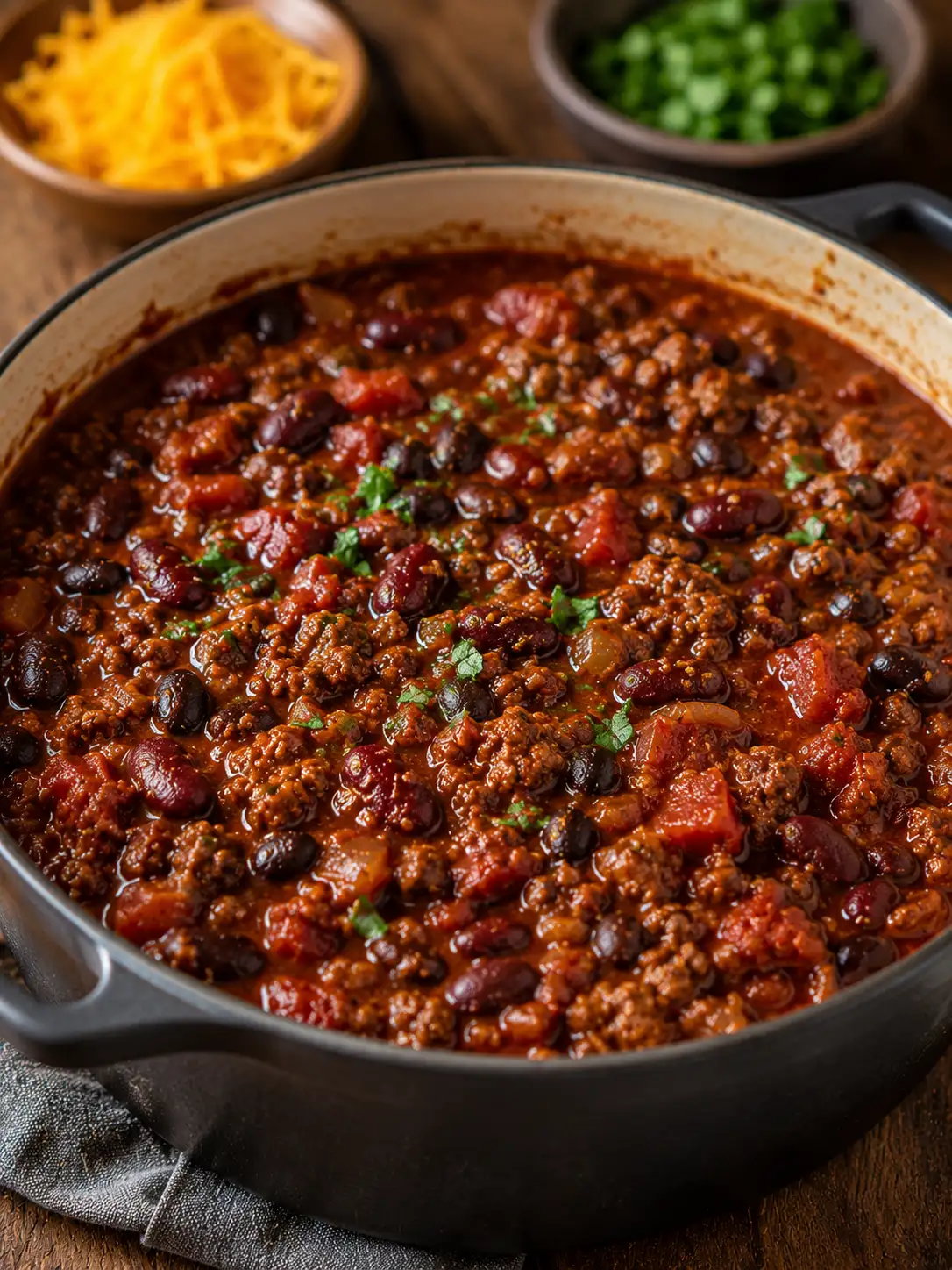 Bowl of ground beef chili with beans, cheese, and green onion