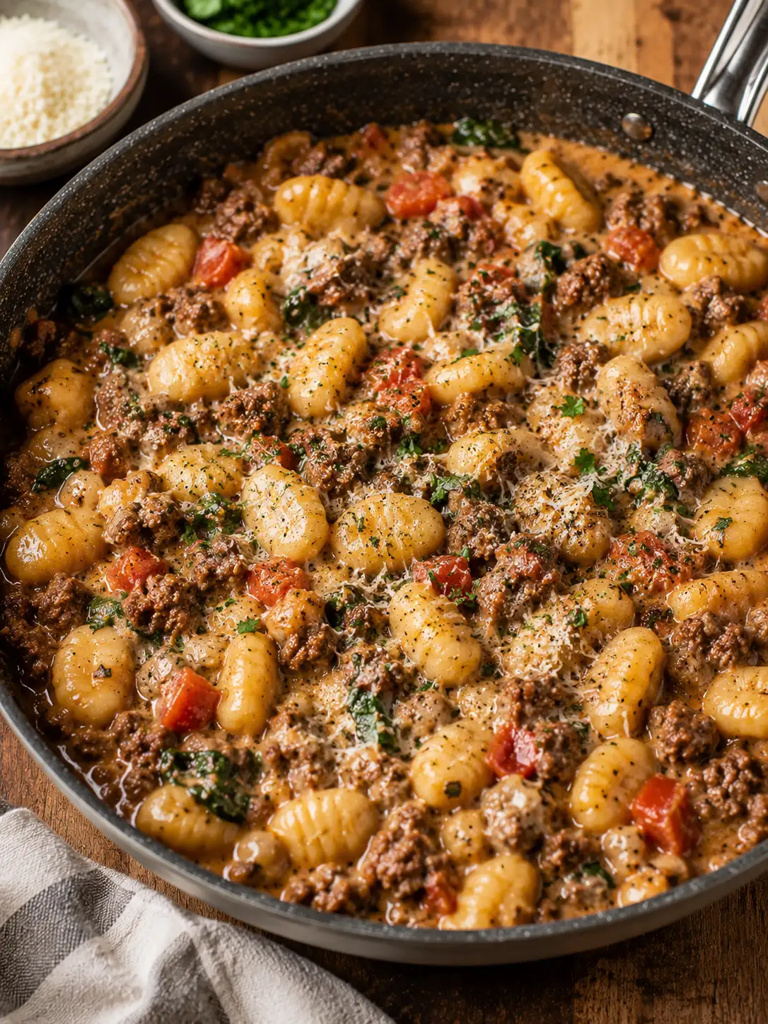 Ground beef gnocchi in a creamy tomato sauce with basil