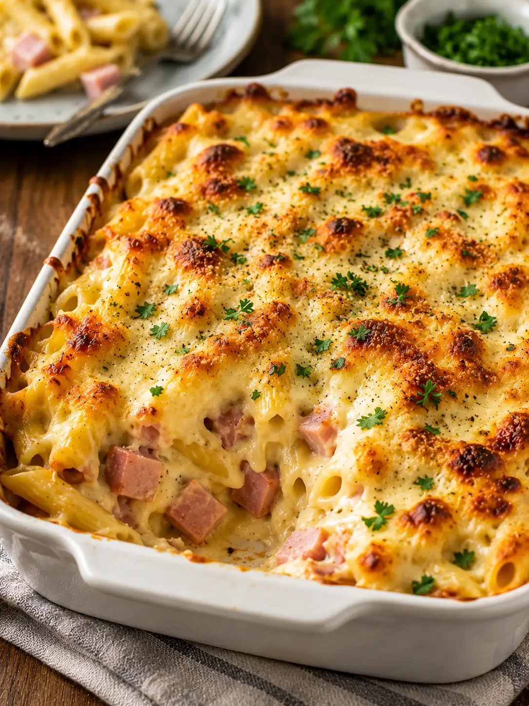 Ham and cheese pasta bake with golden cheese top