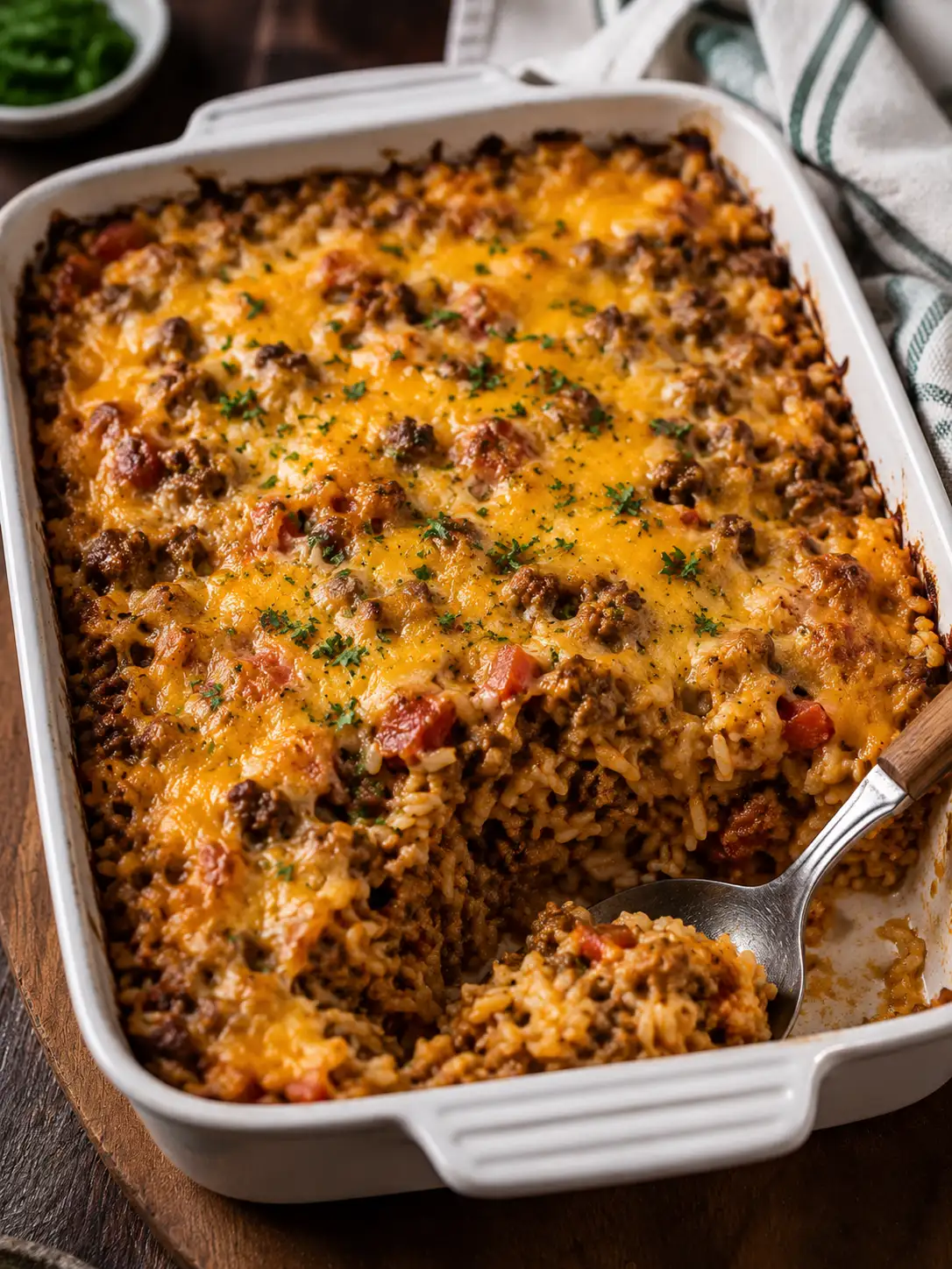 Hamburger rice casserole with melted cheese on top