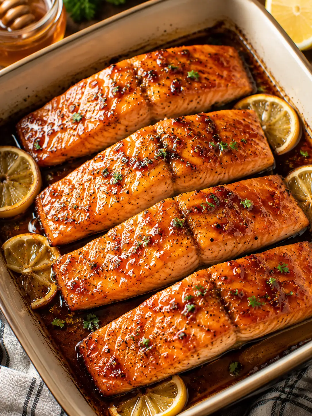 Honey glazed salmon fillets with a sticky glaze