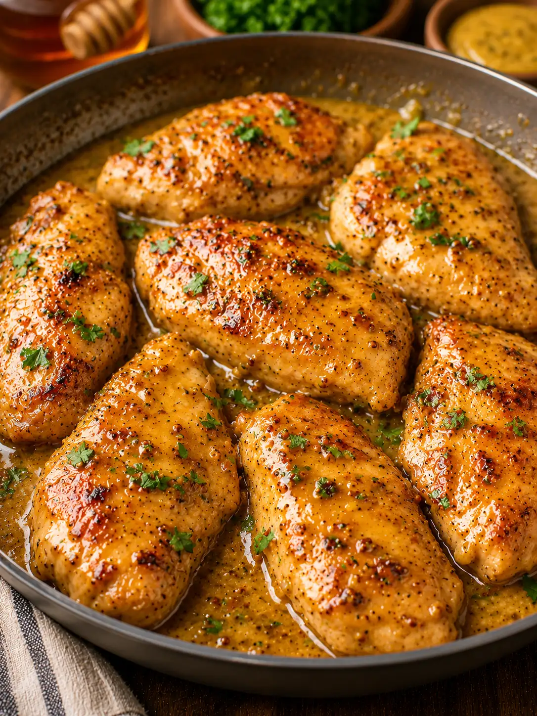 Honey mustard chicken in a creamy sauce in a skillet