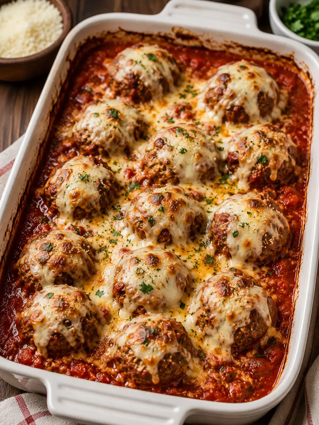 Italian meatball bake in marinara topped with melted mozzarella