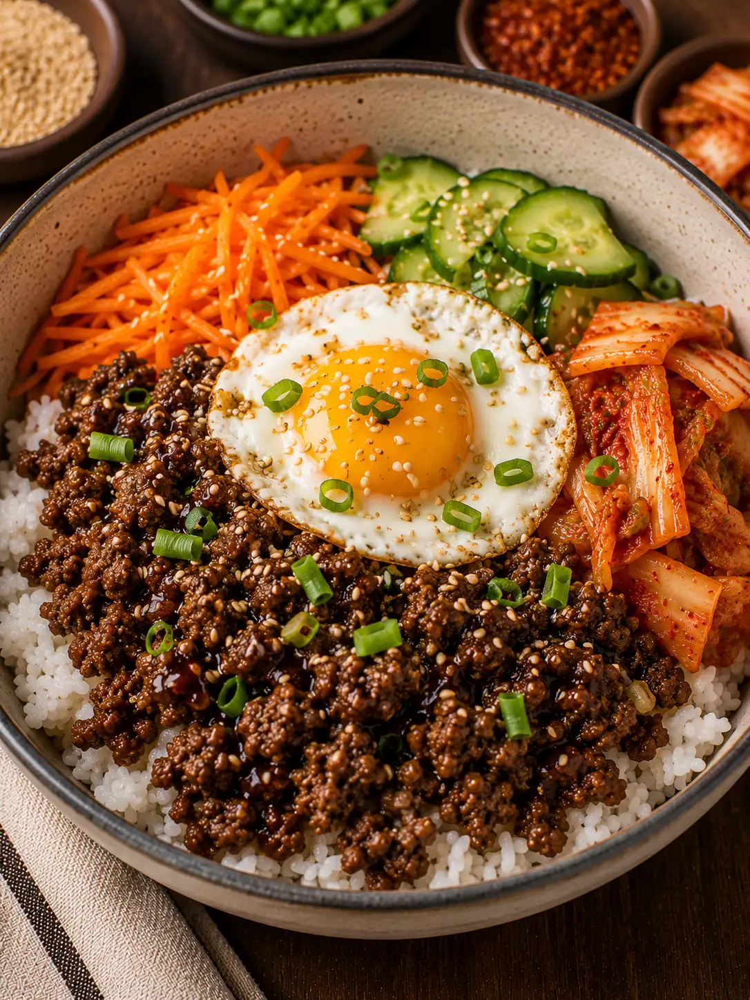 Korean ground beef bowl over rice with sesame and green onion