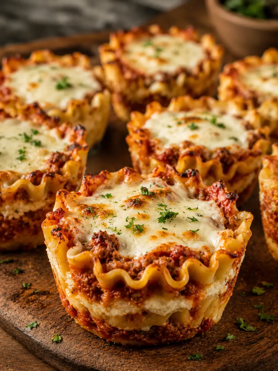 Mini lasagna cupcakes baked in a muffin tin with layers of pasta, cheese, and meat sauce