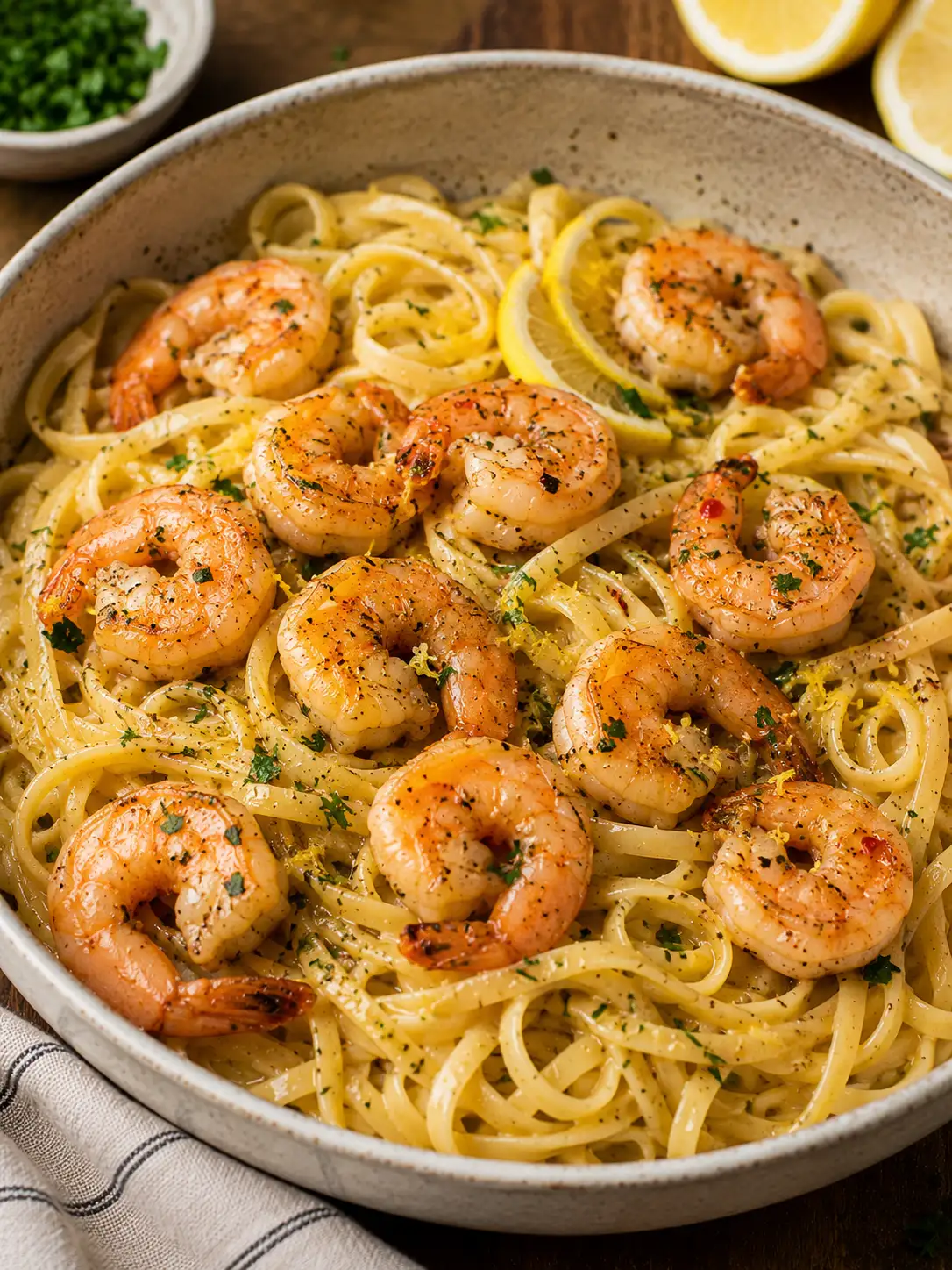 Lemon butter shrimp pasta with linguine and parsley