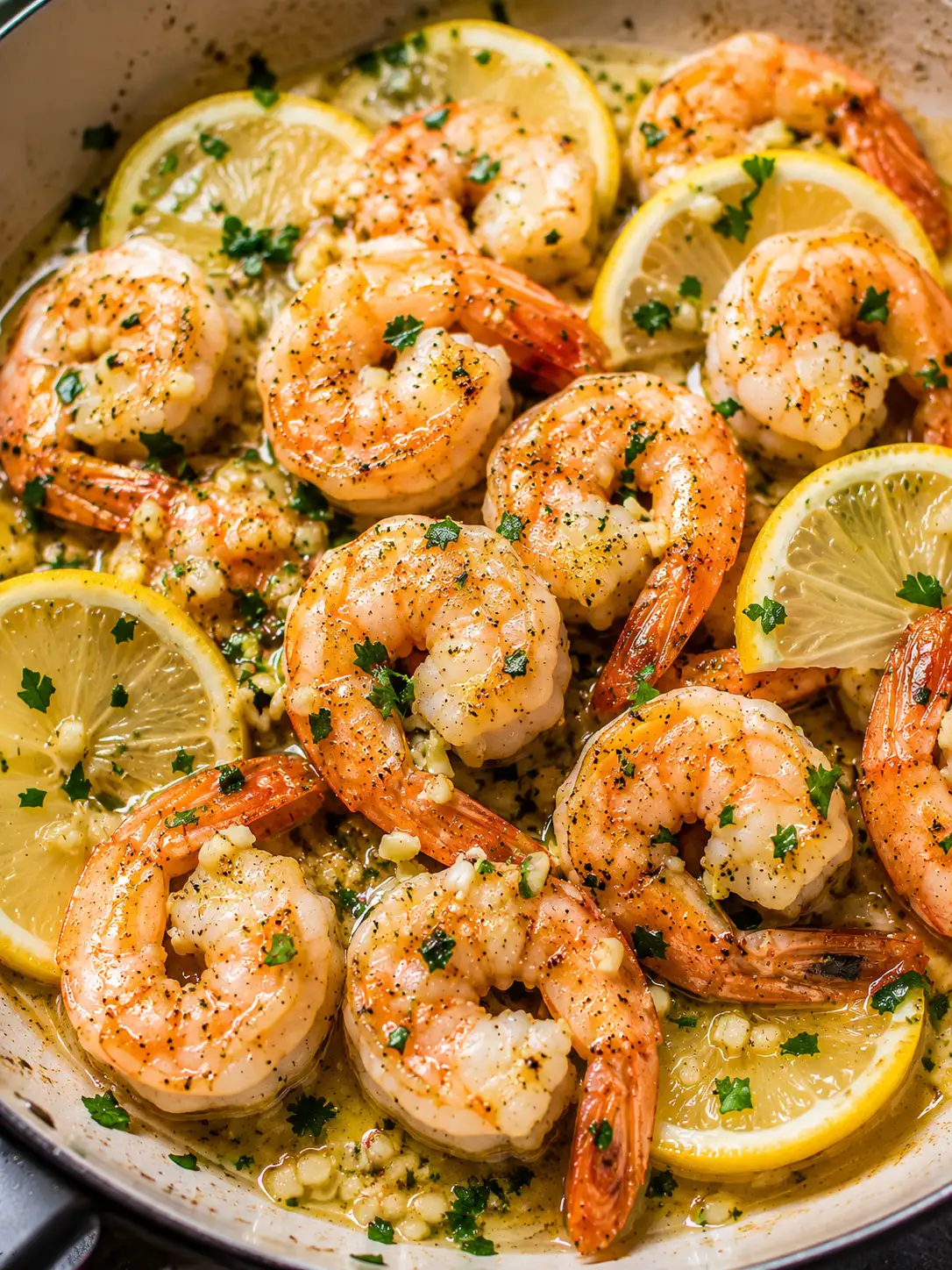 Lemon garlic shrimp in a skillet with parsley