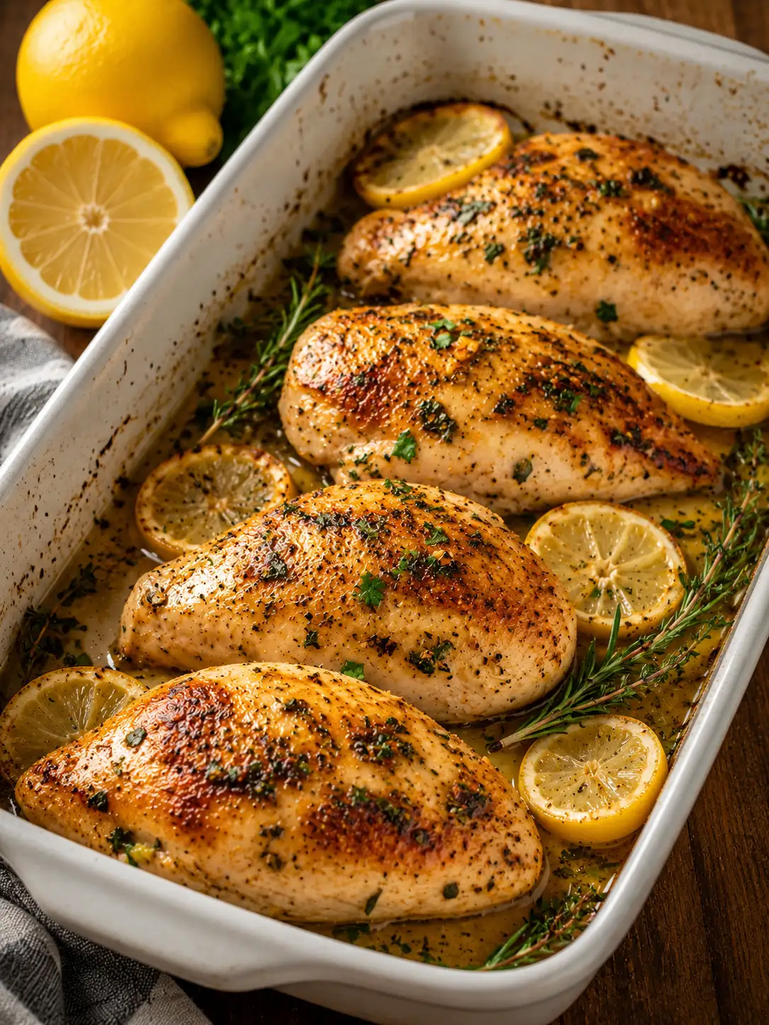 Lemon herb baked chicken breasts with lemon slices and herbs