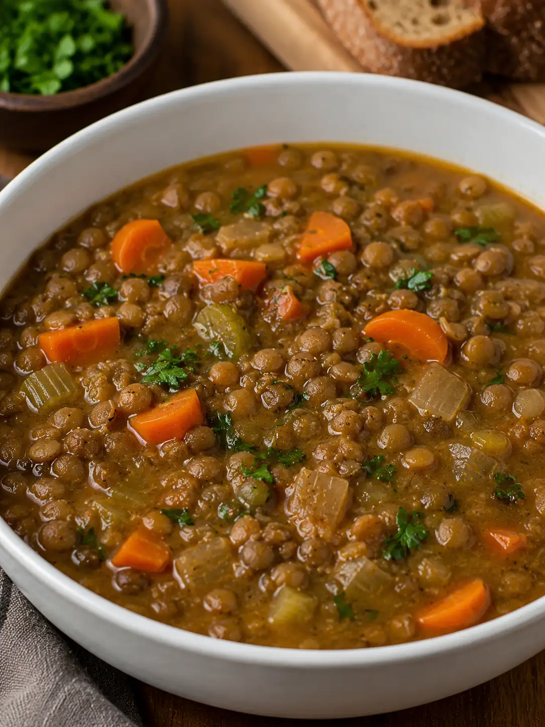 Bowl of hearty lentil soup with vegetables