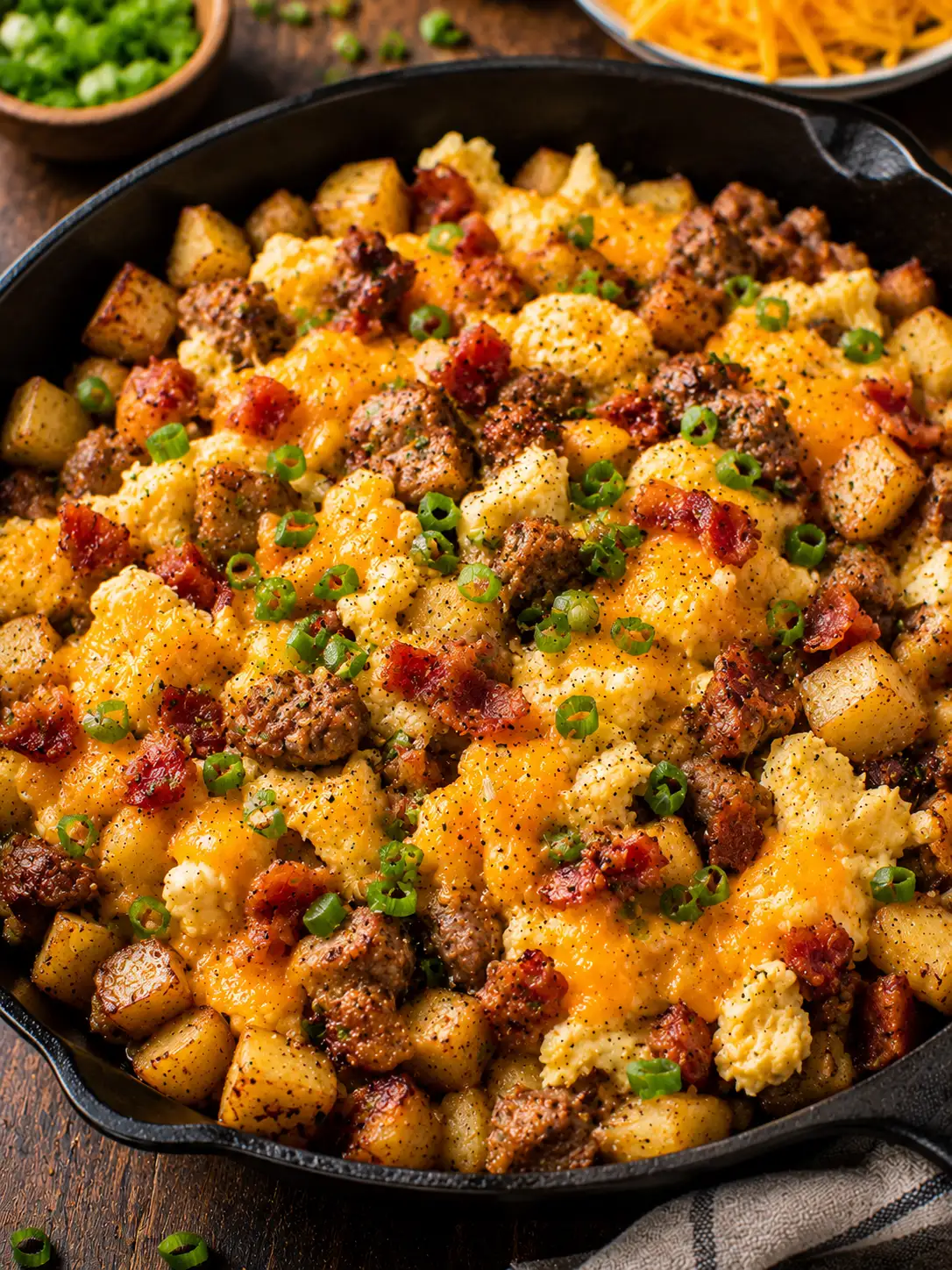 Loaded breakfast skillet with potatoes, sausage, and eggs