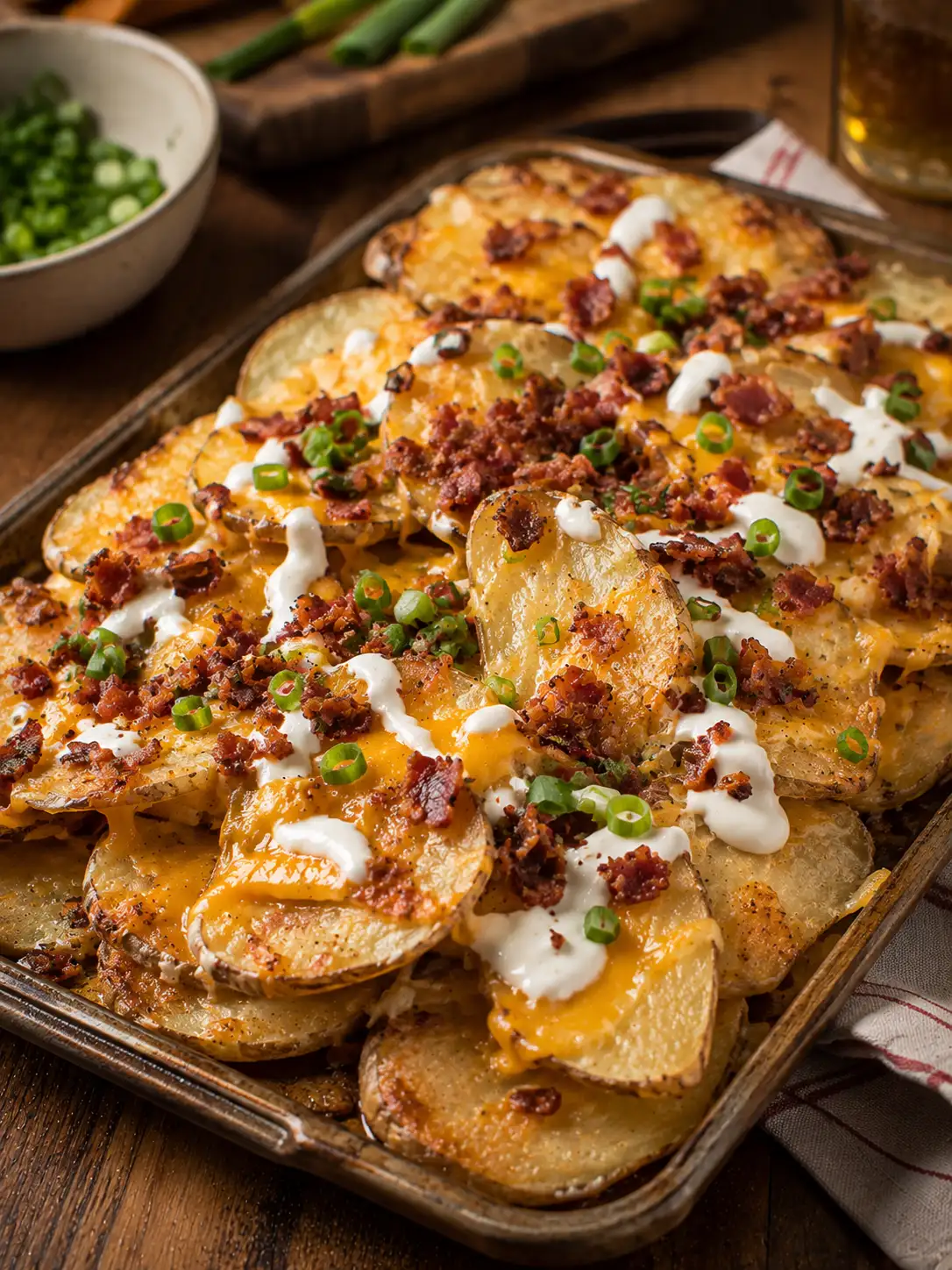 Crispy sliced potato rounds loaded with cheese, bacon, sour cream, and chives on a sheet pan