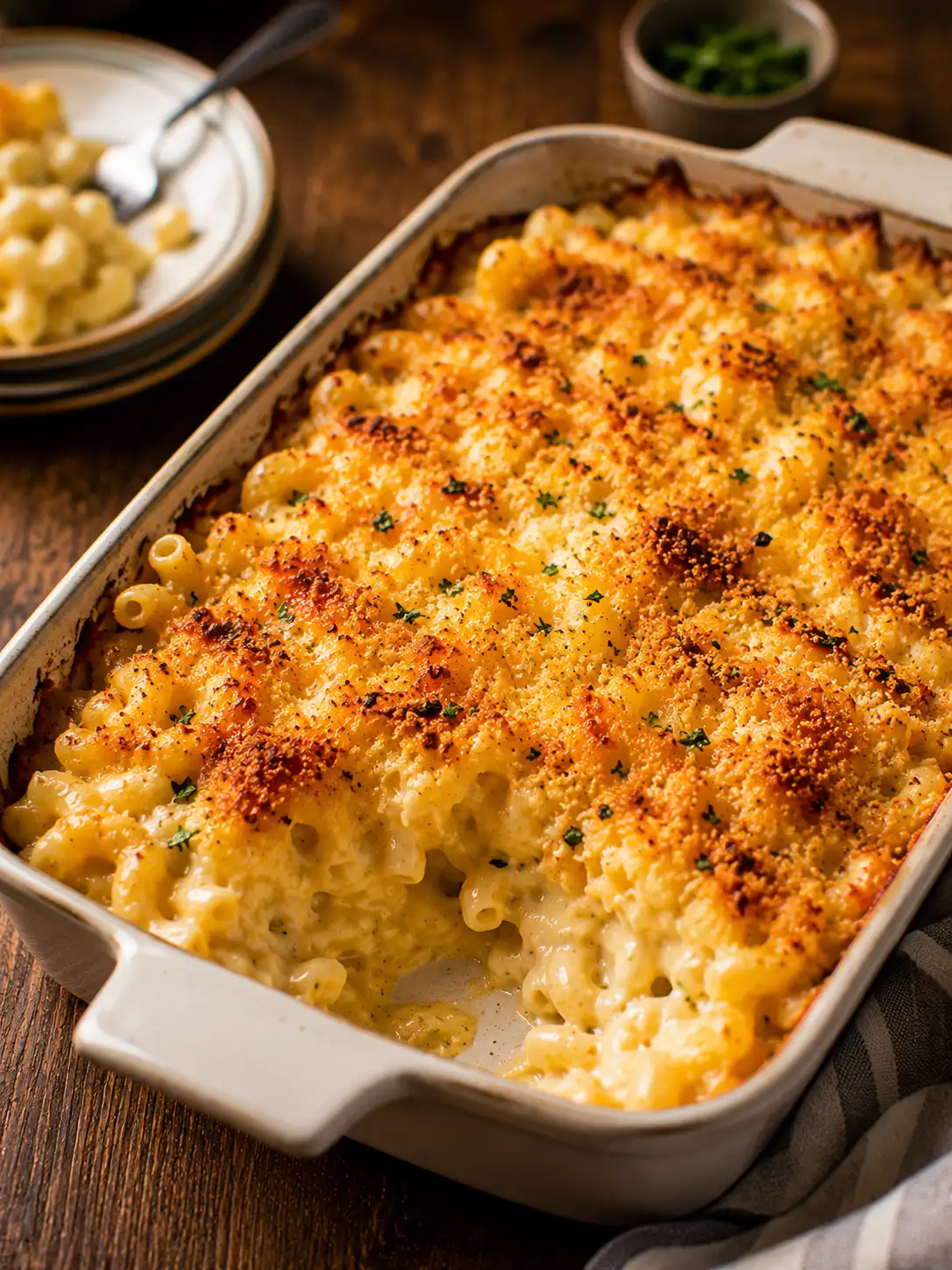 Baked mac and cheese with a golden breadcrumb topping