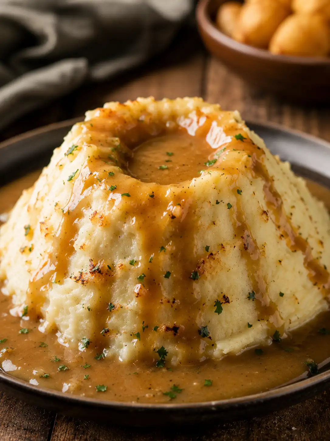 Mashed potato volcano on a plate with gravy flowing down the sides like lava