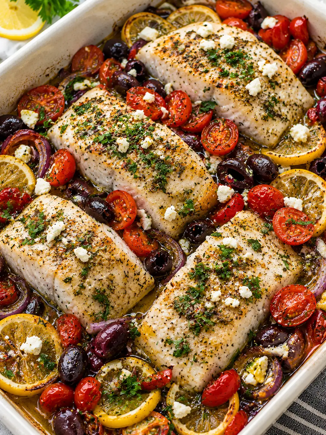 Mediterranean baked fish with tomatoes and olives