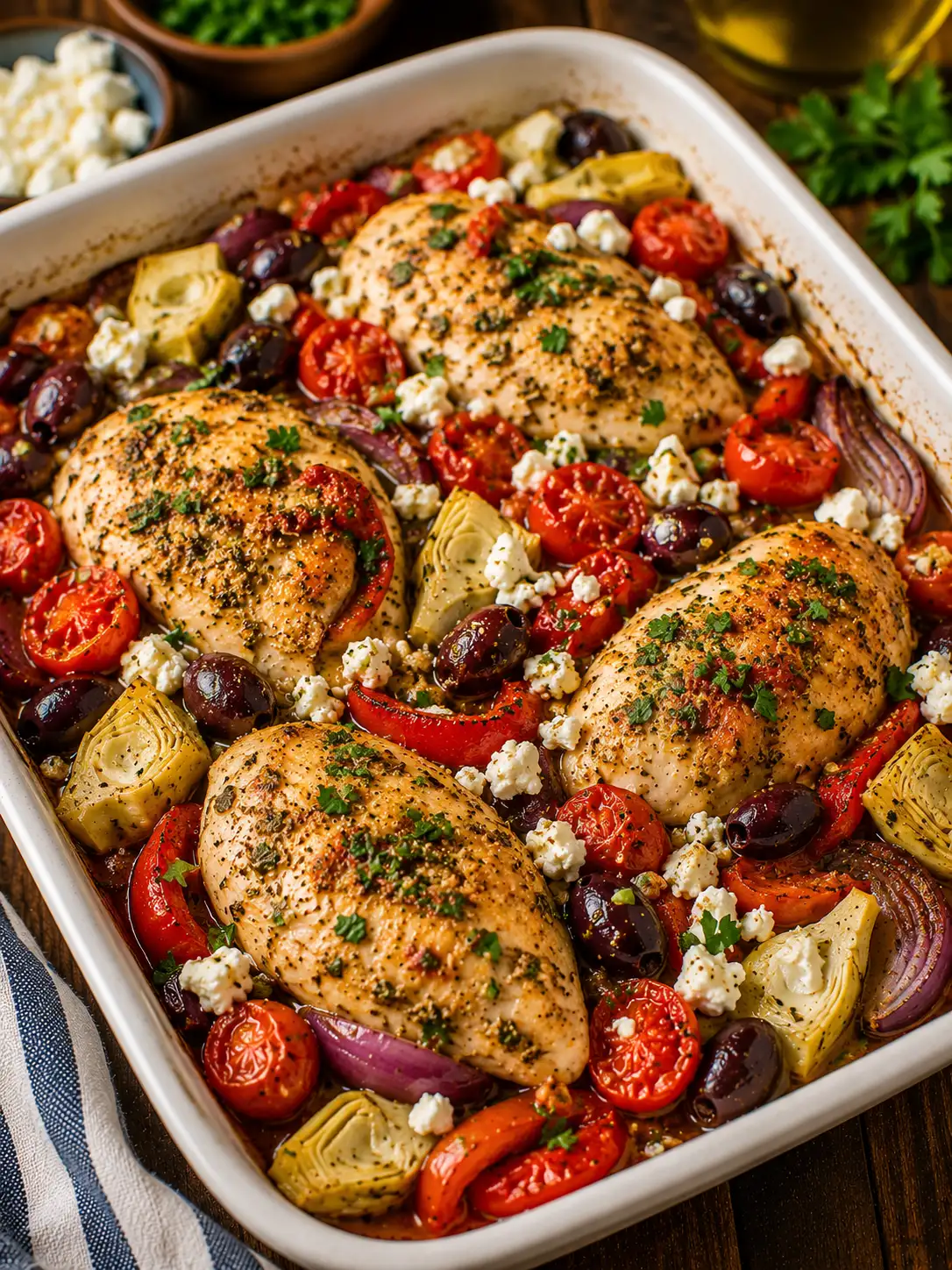 Mediterranean chicken bake with tomatoes, olives, and feta