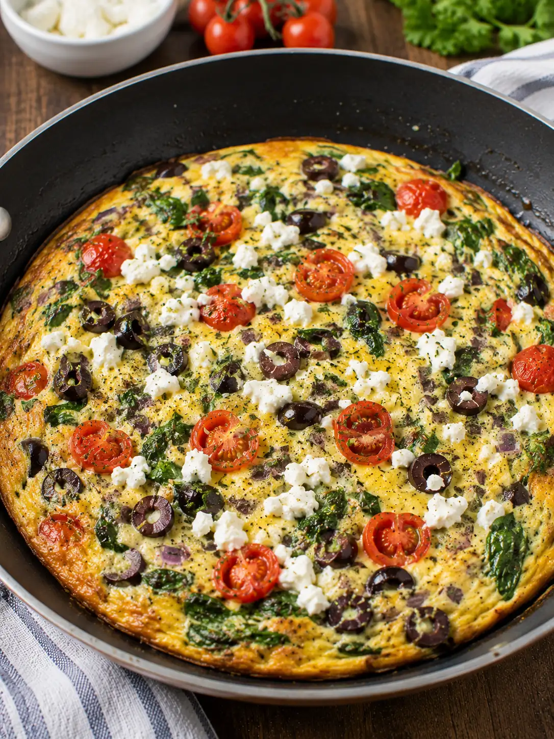 Mediterranean frittata with spinach, sun-dried tomatoes, and feta