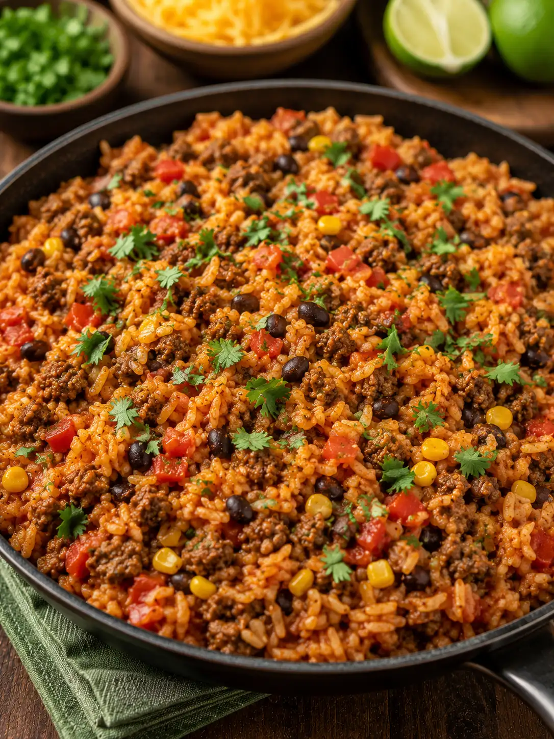Mexican beef rice with corn, tomatoes, and cilantro in a skillet