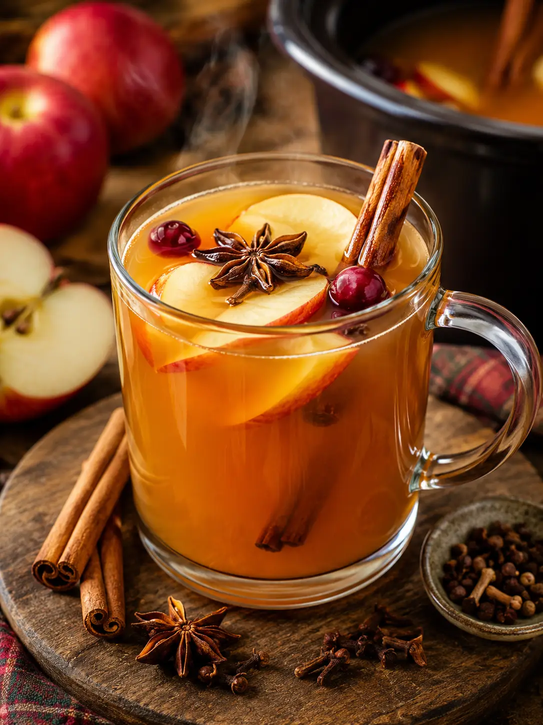 A mug of mulled apple cider with a cinnamon stick and orange