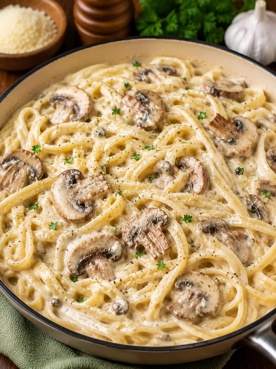 Mushroom alfredo fettuccine in a creamy parmesan sauce
