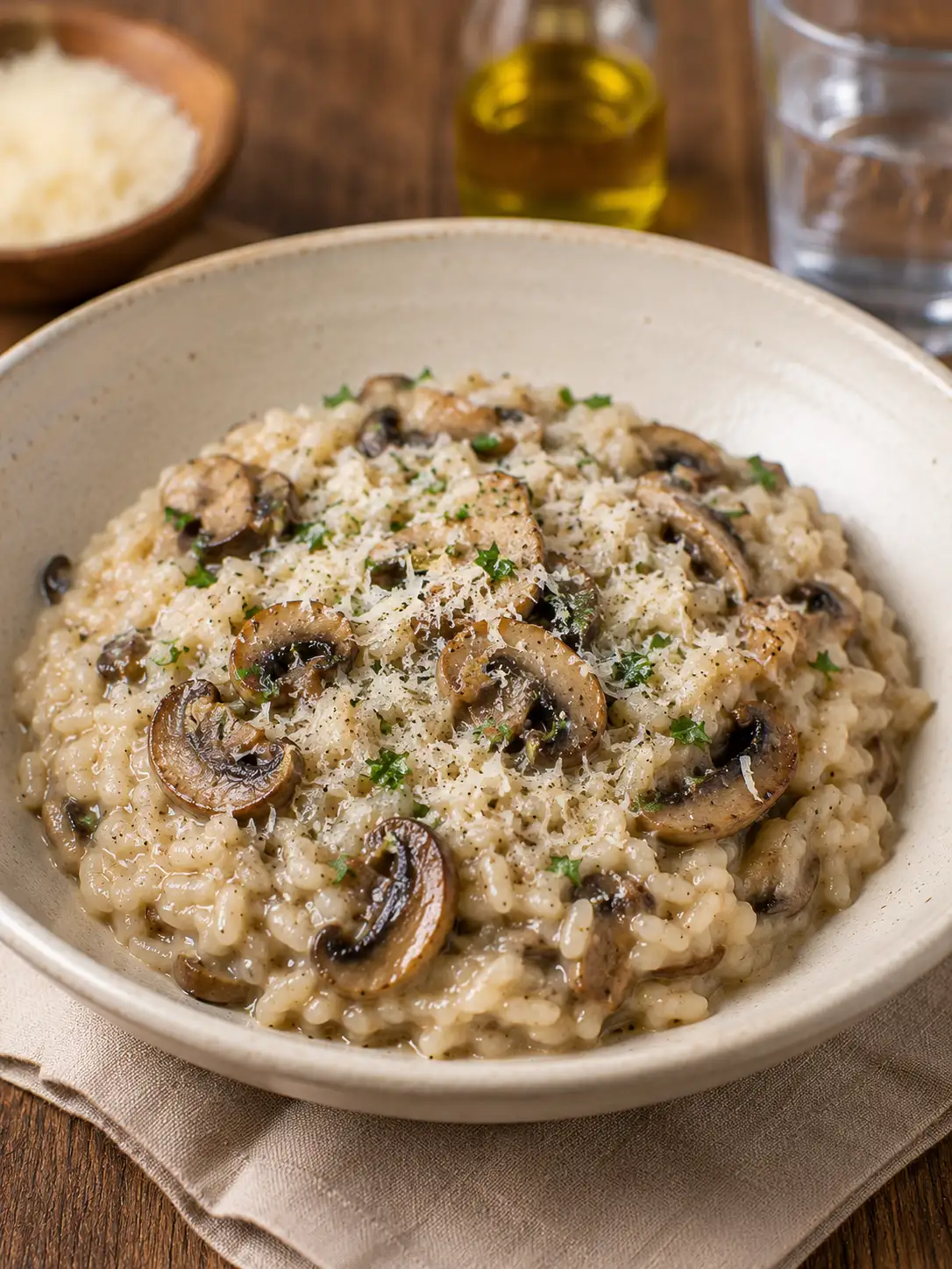 Creamy mushroom risotto with parmesan and parsley