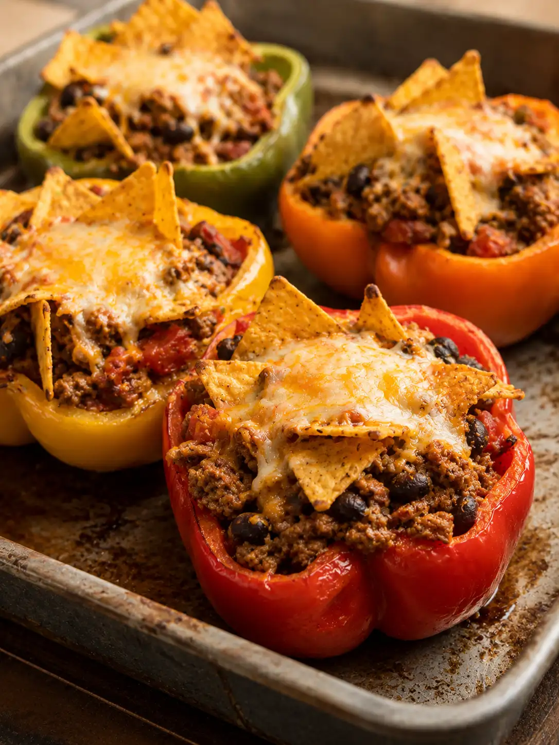 Bell peppers stuffed with nacho beef, black beans, corn, and melted cheese on a baking dish