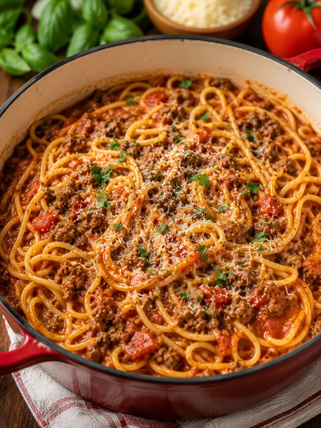 One-pot spaghetti with meat sauce and parmesan
