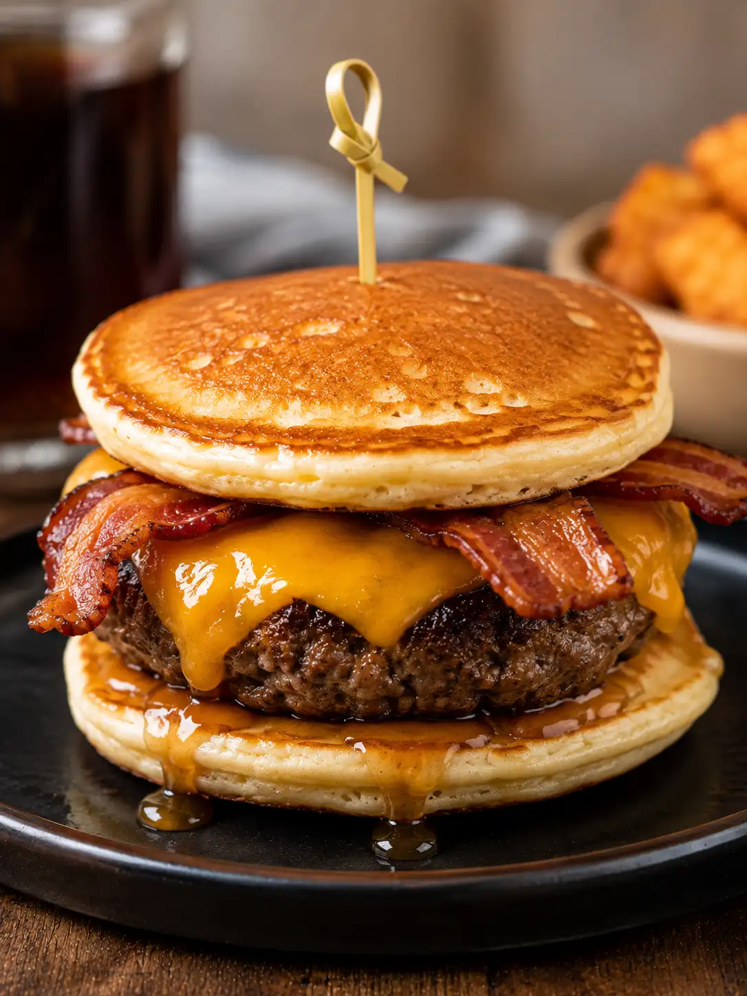 Pancake burger with a sausage patty, fried egg, cheddar cheese, and maple syrup drizzle
