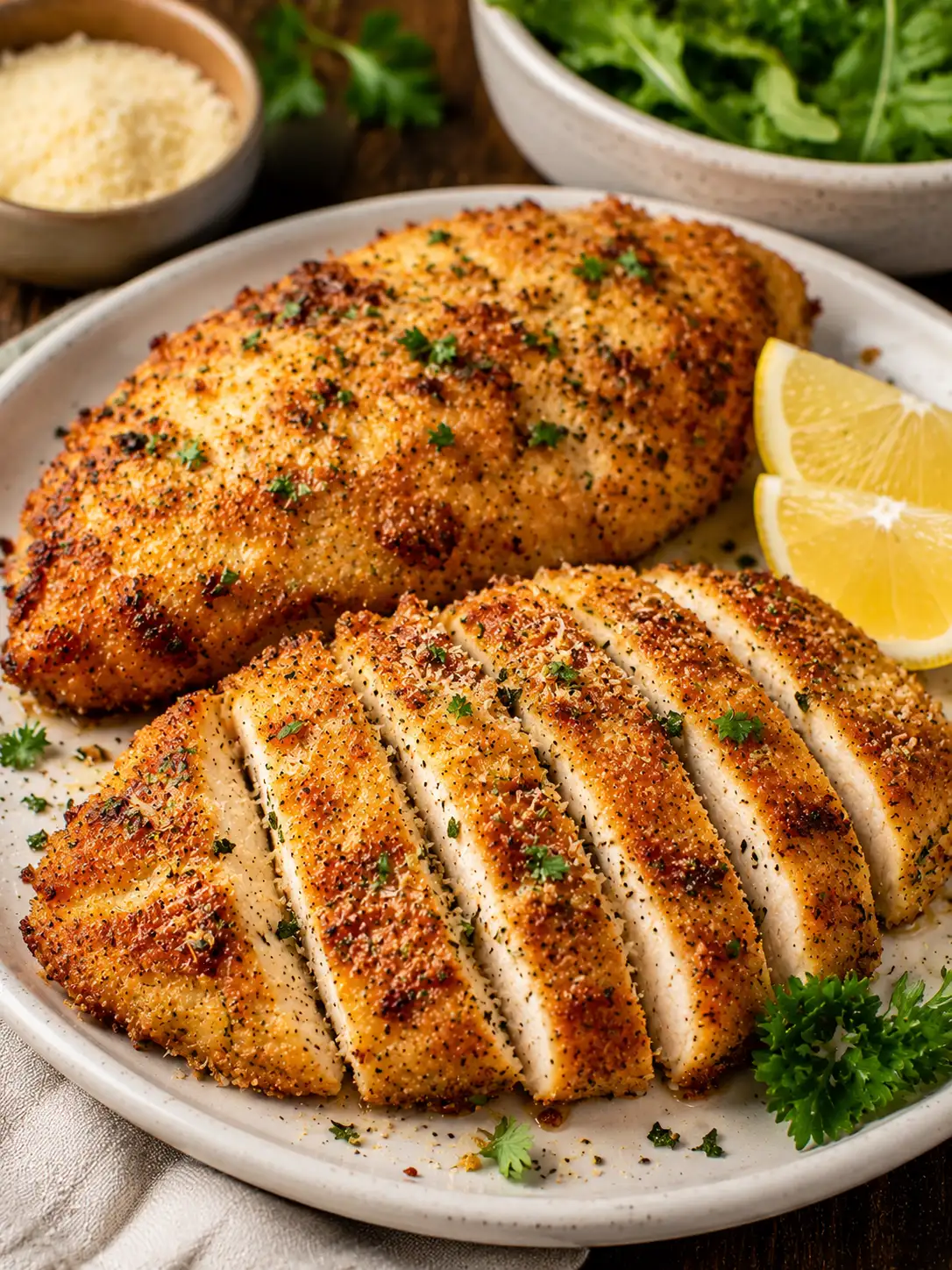 Parmesan crusted chicken breasts with a golden crispy coating