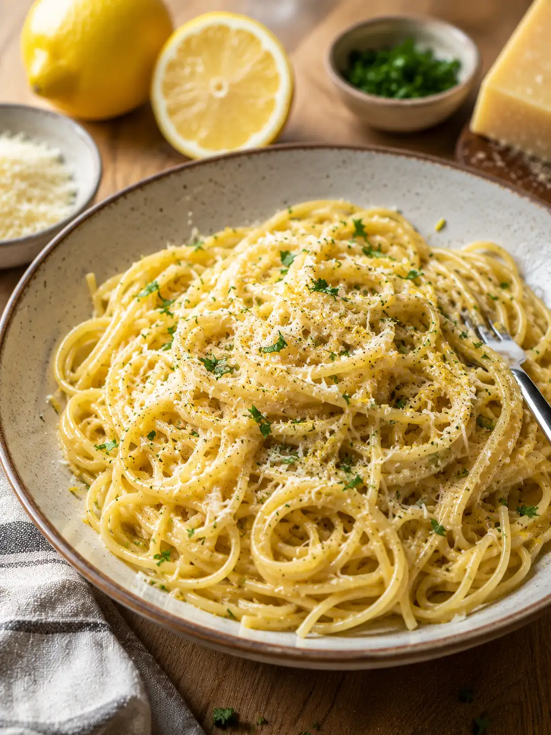 Parmesan lemon pasta with lemon zest and parsley