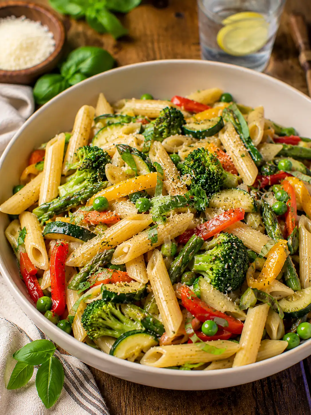 Pasta primavera with colorful vegetables and parmesan