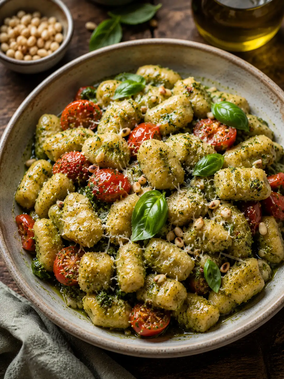 Pesto gnocchi with cherry tomatoes and basil