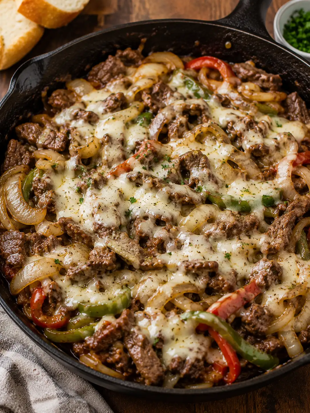 Philly cheesesteak skillet with ground beef, peppers, and provolone