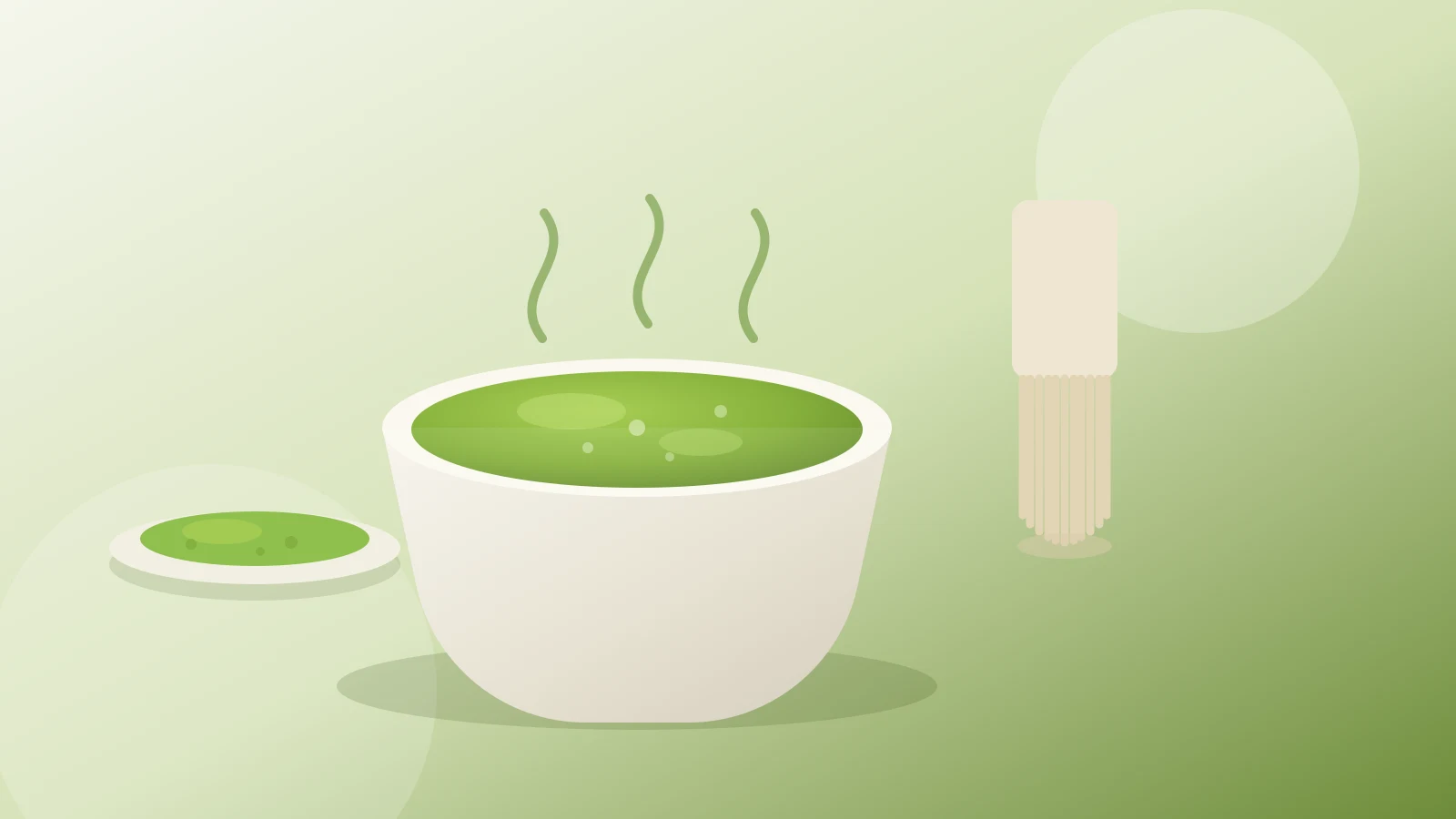 A clear glass of bright green pique matcha next to a sachet of crystallised matcha