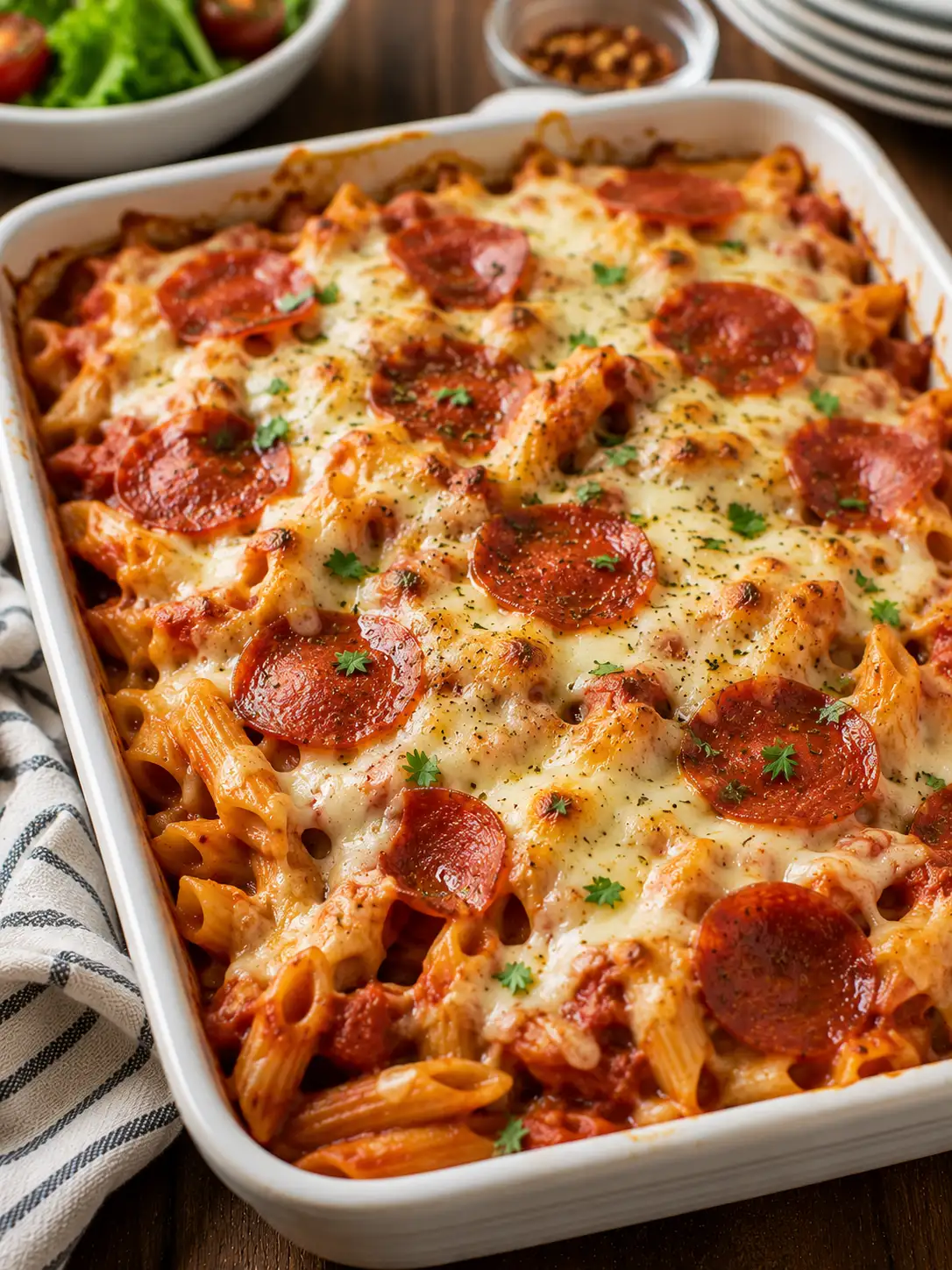 Pizza pasta bake with pepperoni and melted mozzarella
