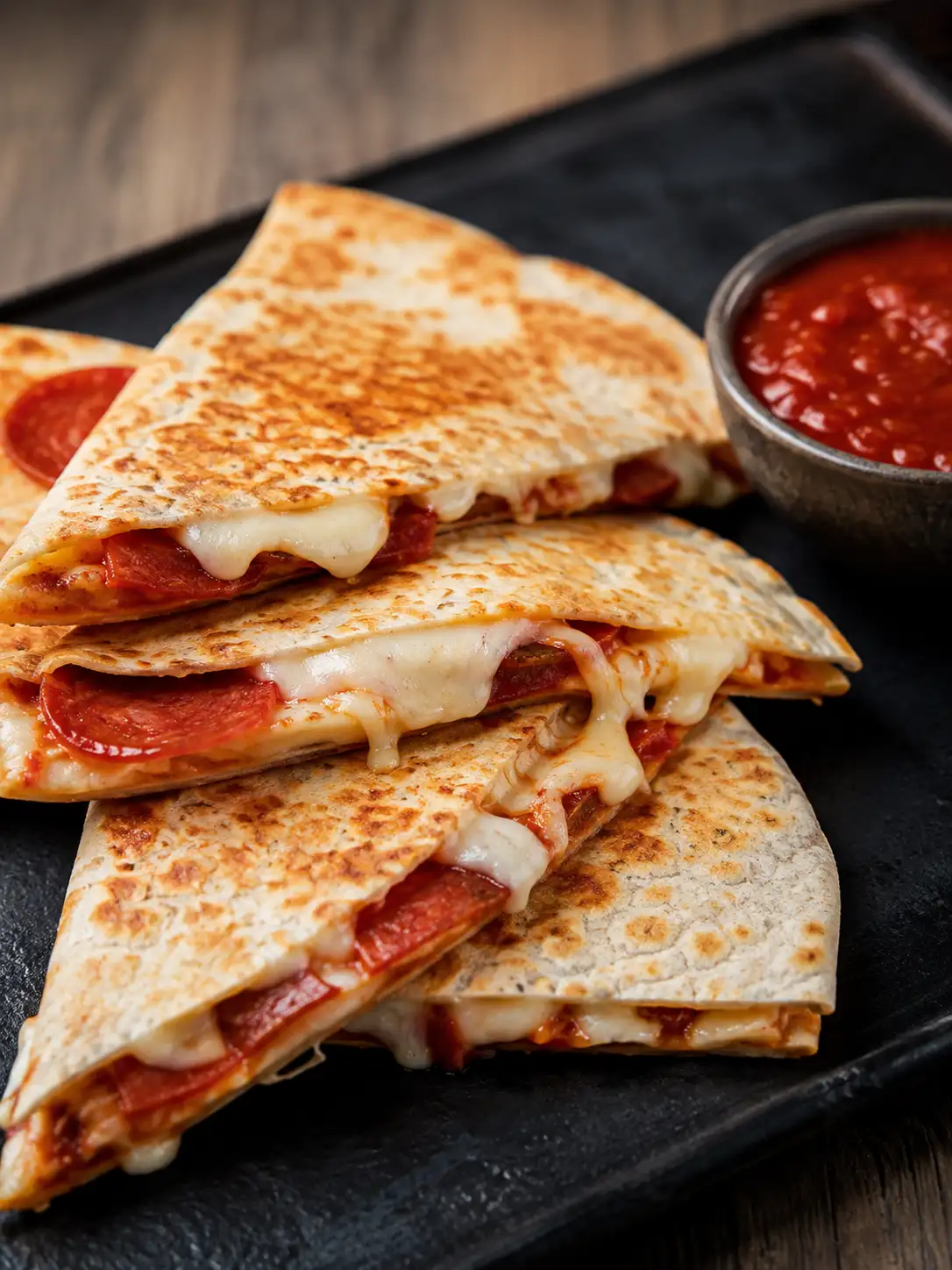 Crispy pizza quesadilla cut into wedges with a side of marinara dipping sauce