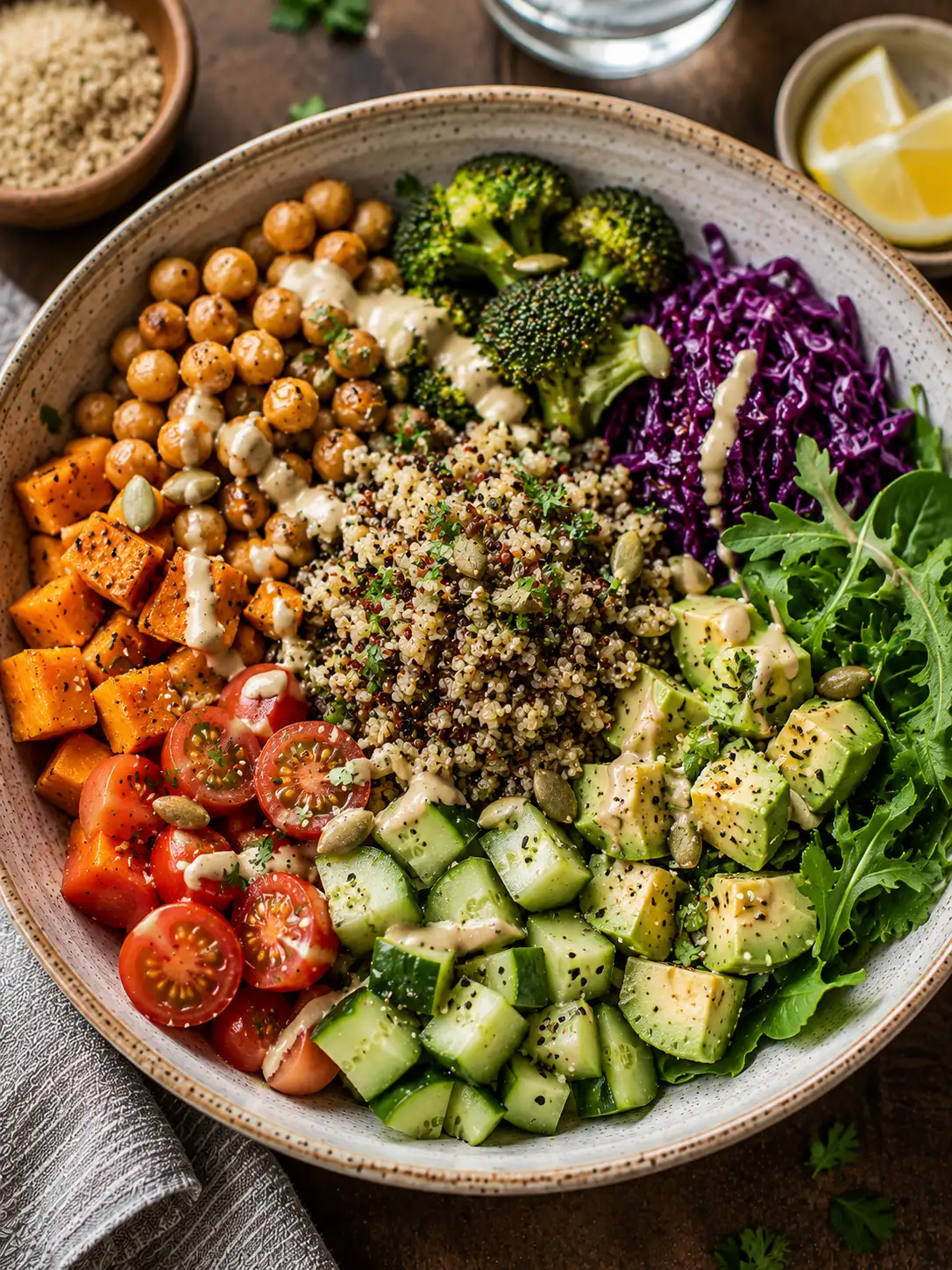 Quinoa power bowl with roasted vegetables, chickpeas, and avocado