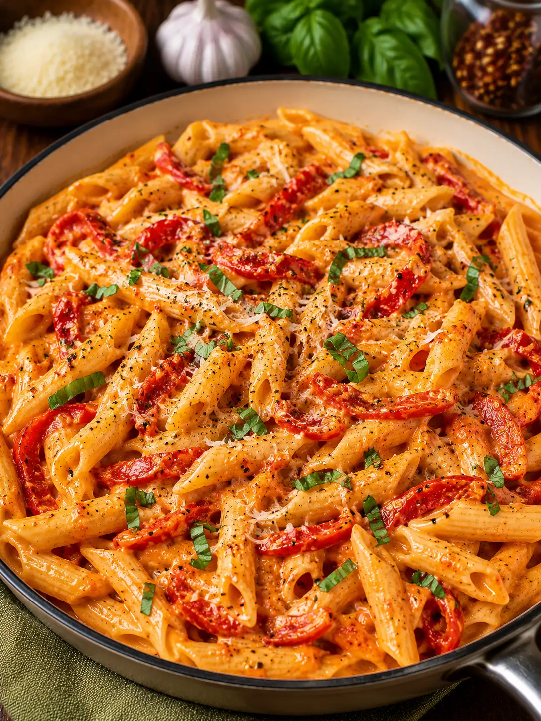 Roasted red pepper pasta in a creamy orange sauce