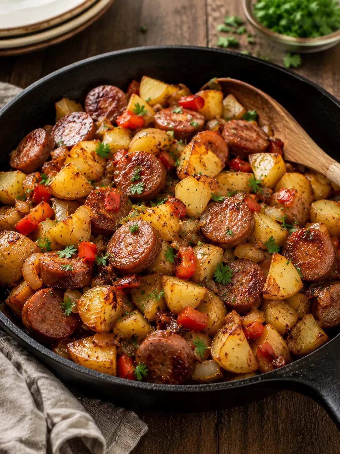 Sausage and potato skillet with peppers and onions