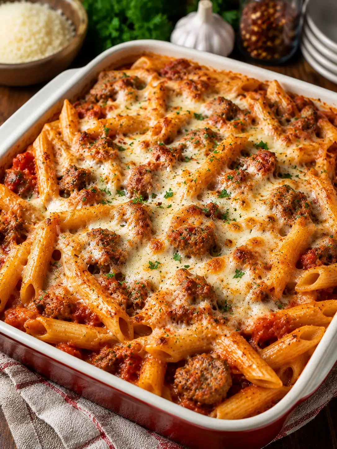 Sausage penne bake with melted cheese in a baking dish
