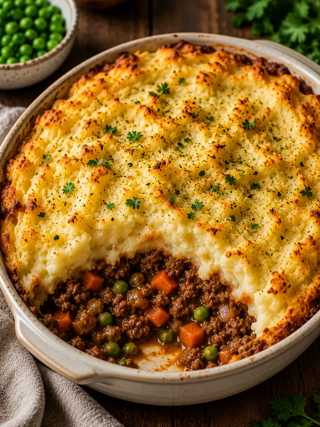 Shepherd's pie with golden mashed potato topping in a dish