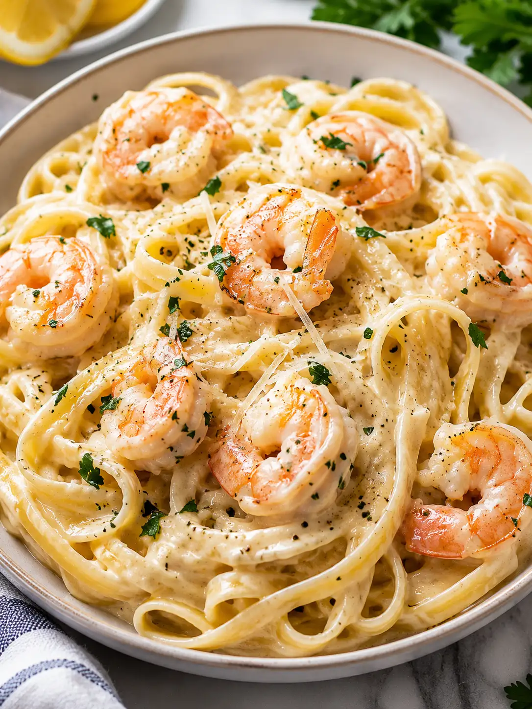 Shrimp alfredo with fettuccine in a creamy parmesan sauce