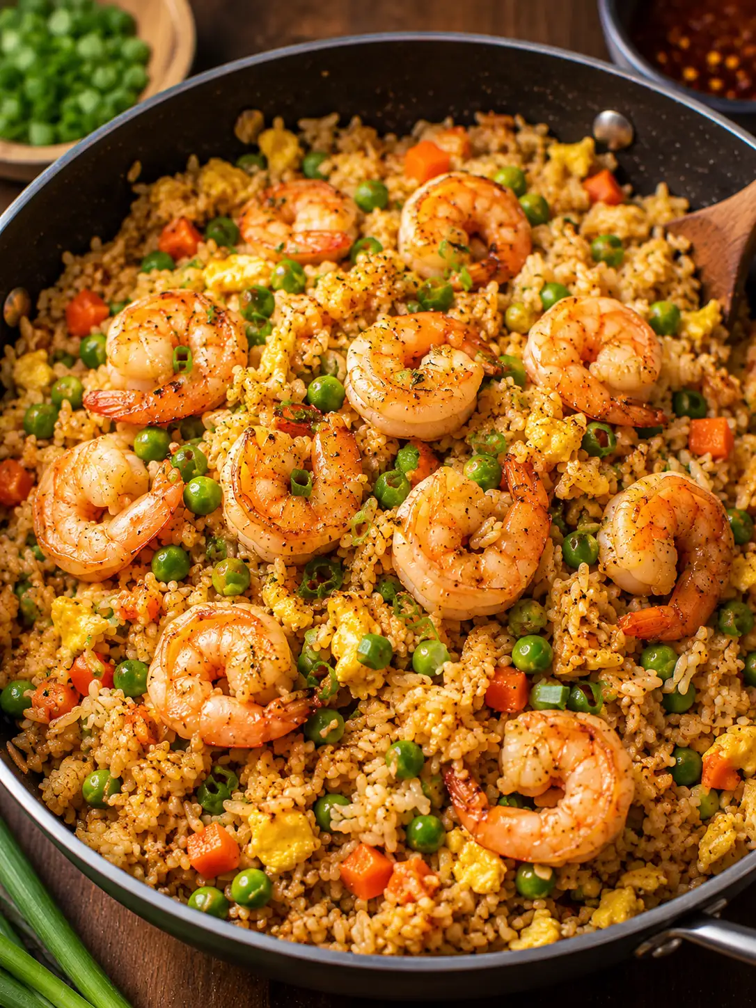 Shrimp fried rice with egg, peas, and green onion