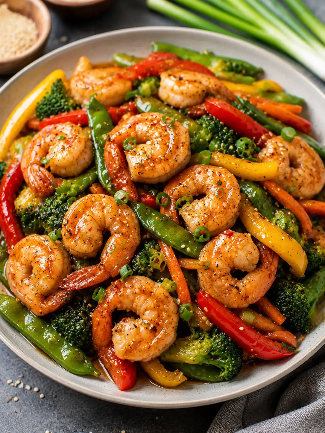 Shrimp stir fry with vegetables in a glossy sauce