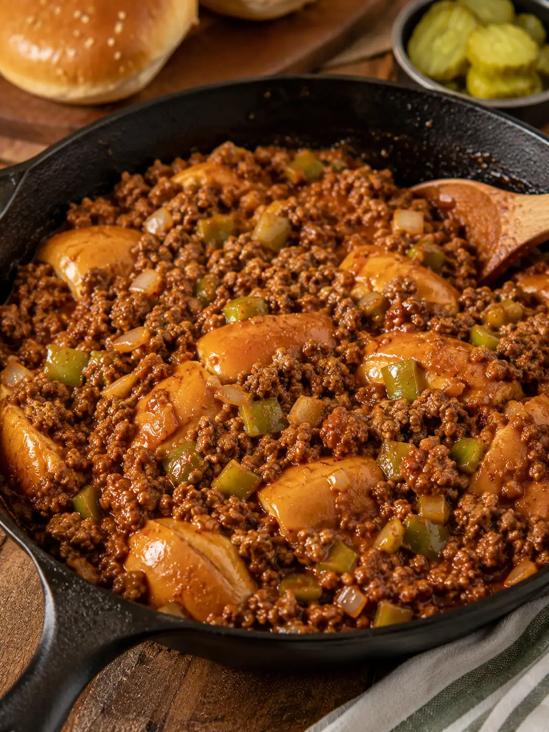 Sloppy joe ground beef filling in a skillet