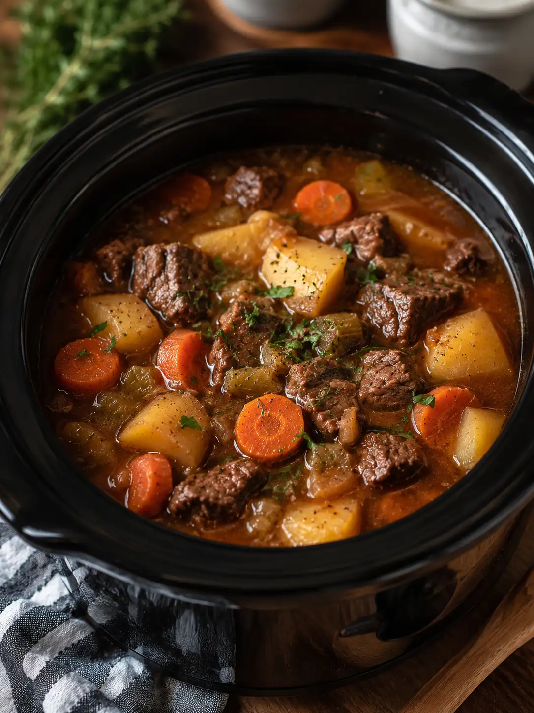 Bowl of slow cooker beef stew with carrots and potatoes