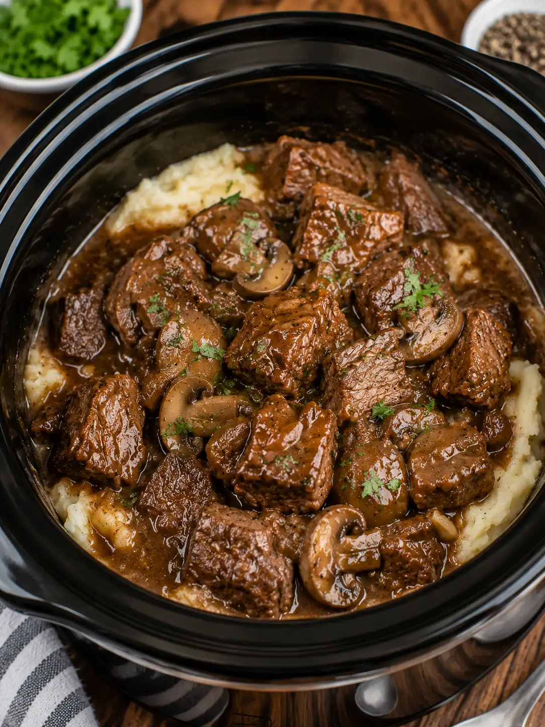 Slow cooker beef tips in gravy over mashed potatoes