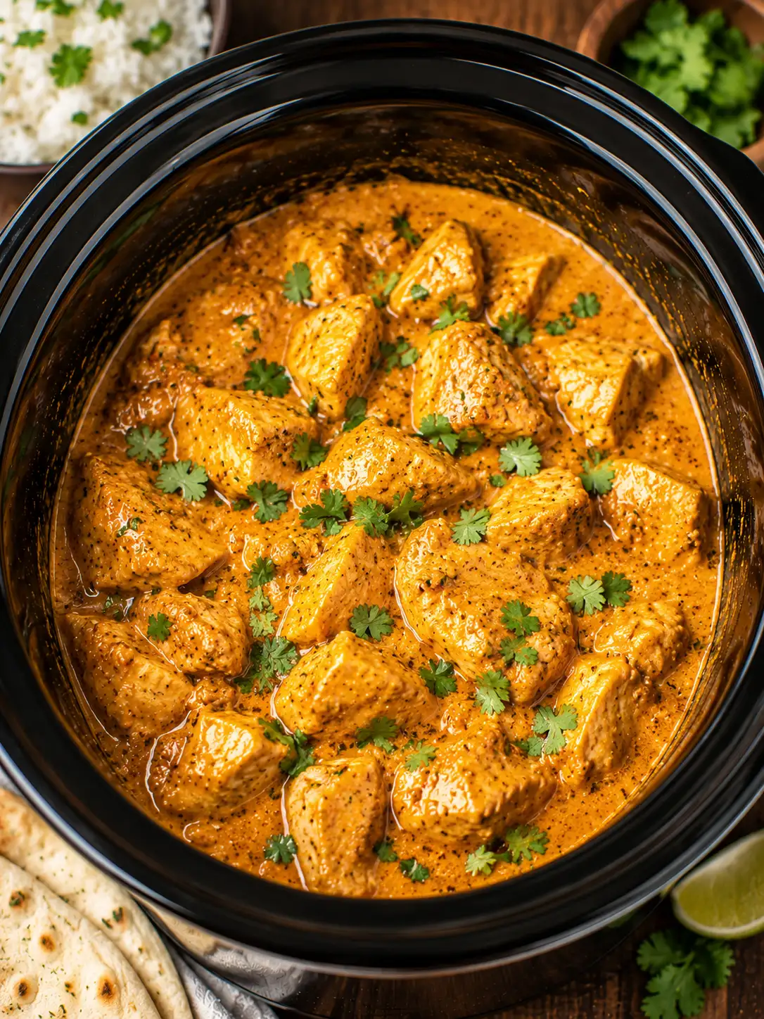 Slow cooker chicken curry with coconut sauce over rice
