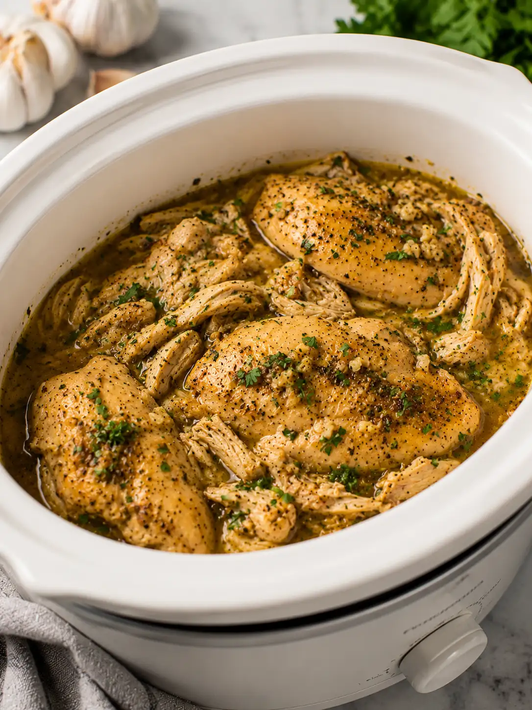 Slow cooker garlic chicken in a savory herb sauce
