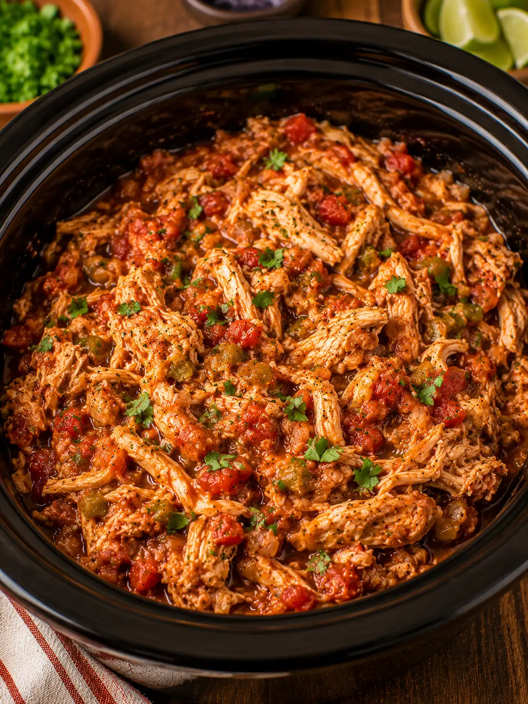 Shredded salsa chicken in a slow cooker