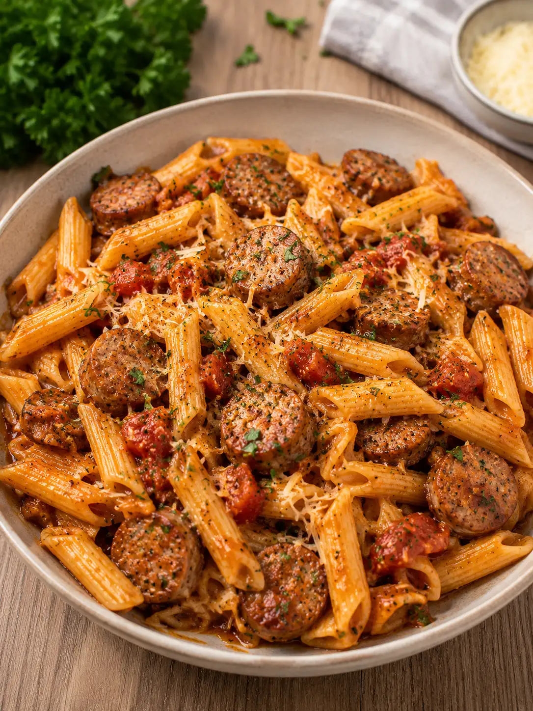 Slow cooker sausage pasta in a rich tomato sauce